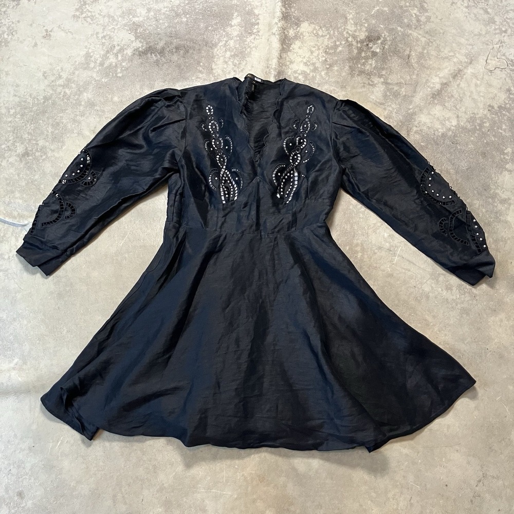Maje Dress Womens Size 40 L Black Short Embroidered Linen Balloon Sleeve Rivits